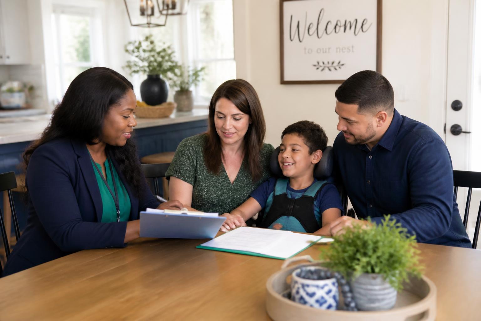 A STAY of Georgia coordinator reviewing foster care paperwork with a family at their kitchen table