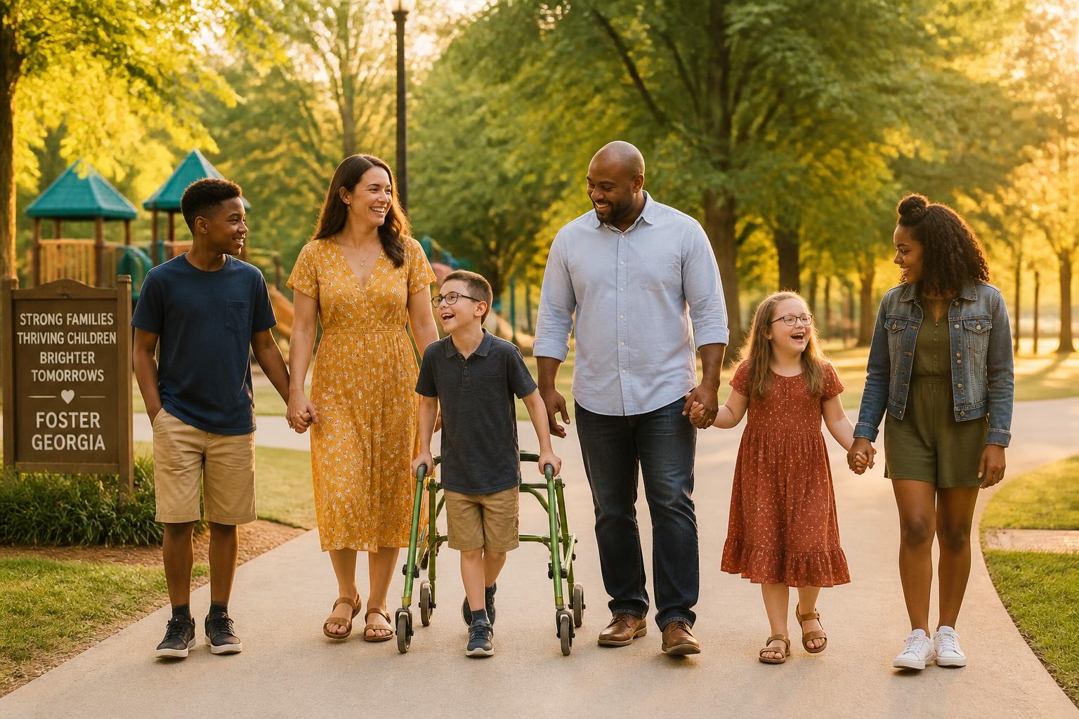 A diverse foster family walking together in a sunny Georgia park