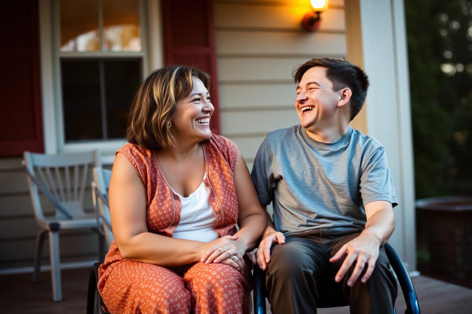 A parent and adult son laughing together on a porch