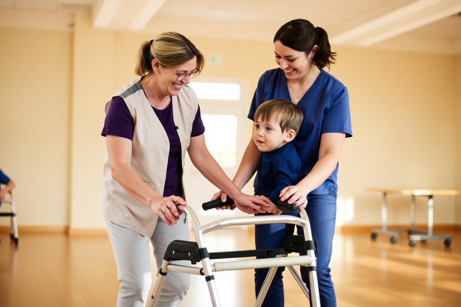 A child practicing walking with a walker supported by two therapists
