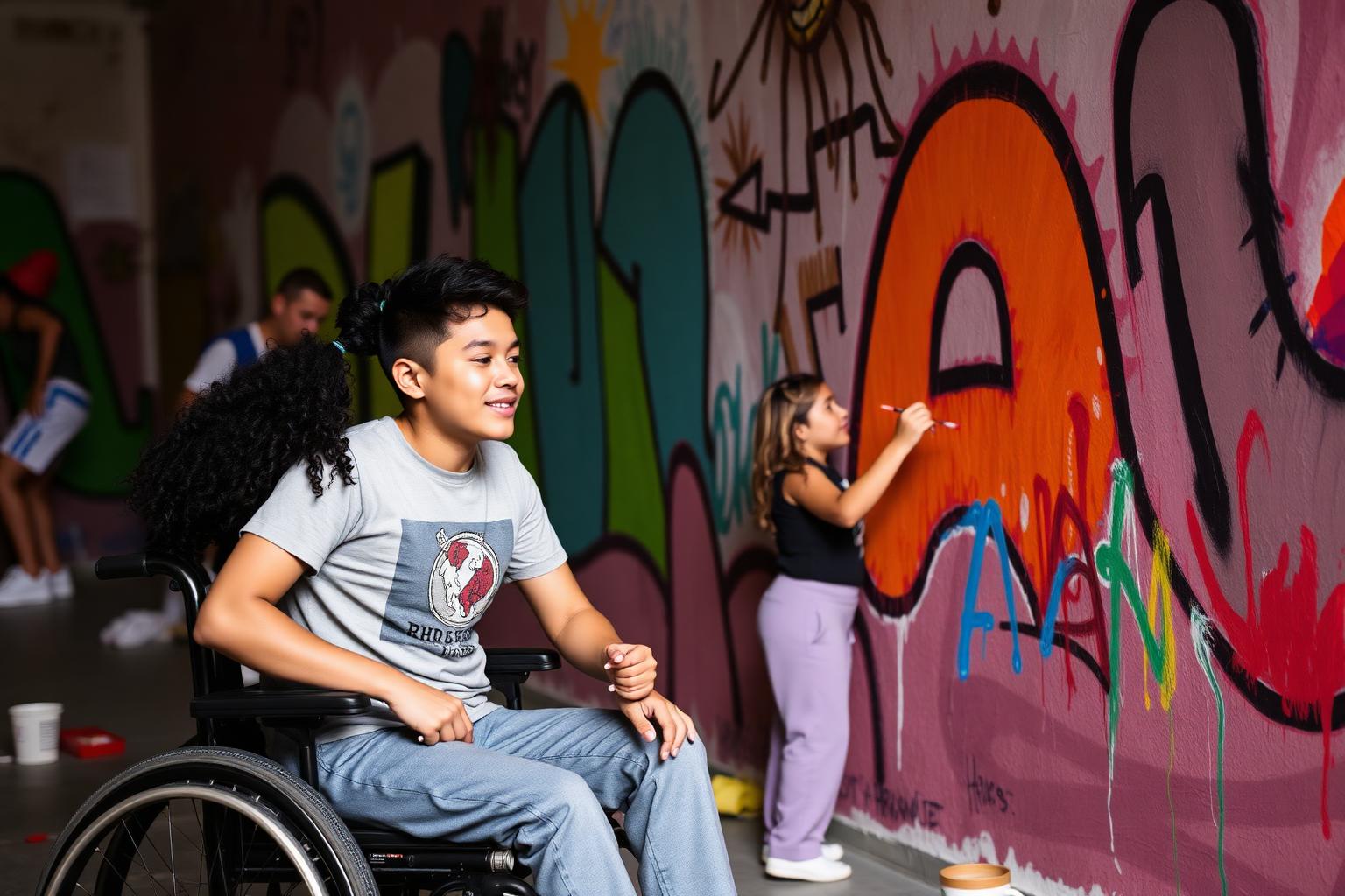 Teens painting a colorful community mural together